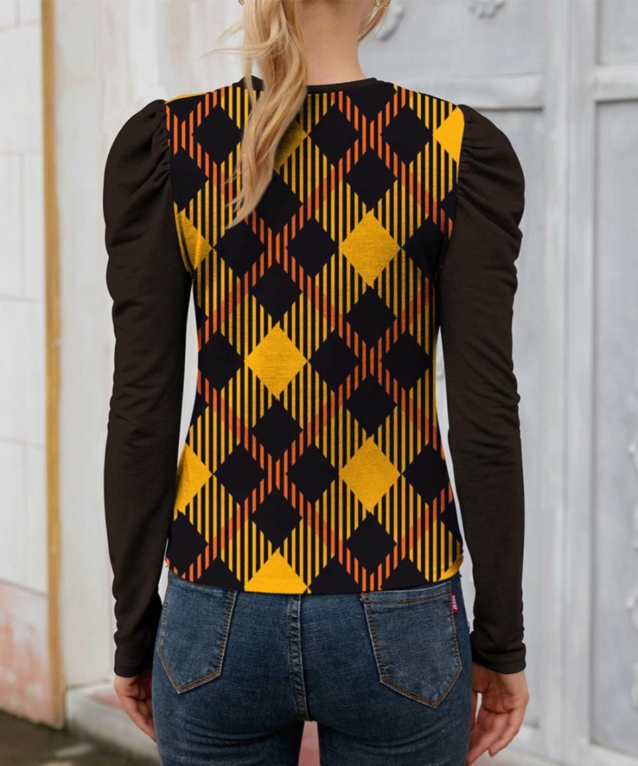 Womens Plus * | Deals Izuria Black & Yellow Plaid Mutton-Sleeve Crewneck Top Women