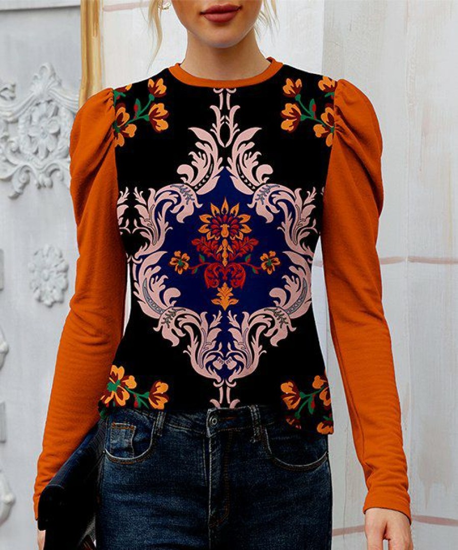 Women * | Flash Sale Izuria Black & Orange Damask Crewneck Puff-Sleeve Top Women