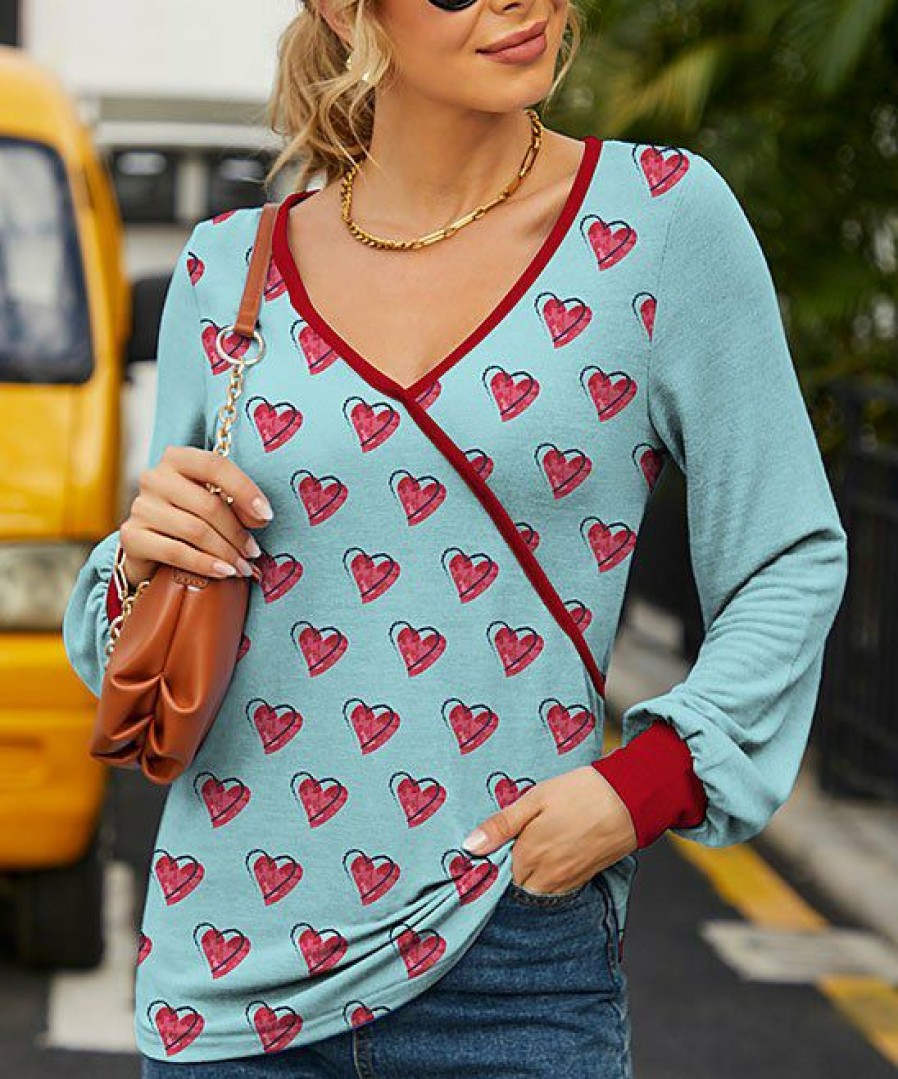 Womens Plus * | Best Pirce Izuria Blue & Red Heart Bishop-Sleeve Surplice Top Women