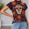 Womens Plus * | Best Reviews Of Izuria Wine & Orange Rose Skull Mock Neck Flutter-Sleeve Top Women & Plus