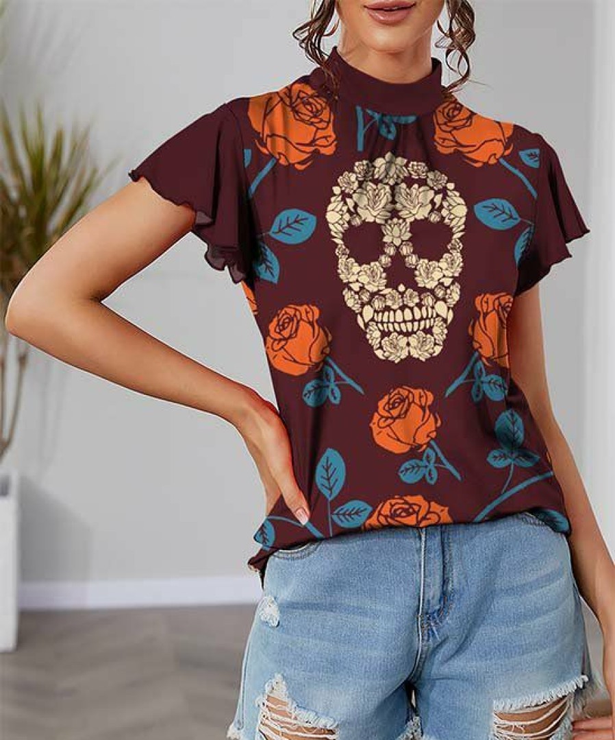 Womens Plus * | Best Reviews Of Izuria Wine & Orange Rose Skull Mock Neck Flutter-Sleeve Top Women & Plus