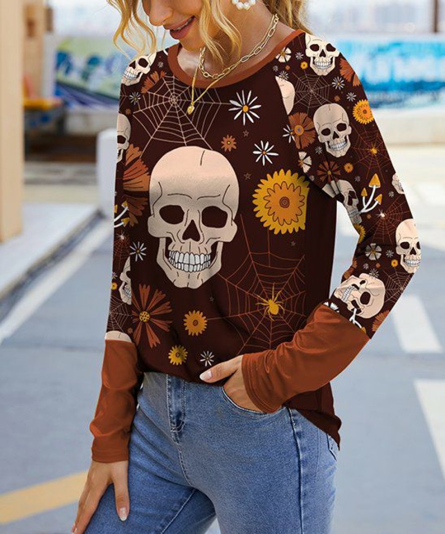 Womens Plus * | Wholesale Izuria Wine & Brown Skull Floral Raglan Contrast-Cuff Long-Sleeve Top Women