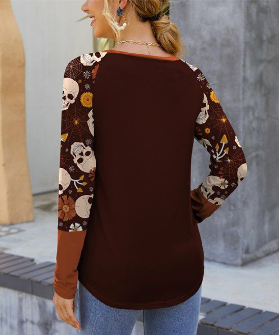 Womens Plus * | Wholesale Izuria Wine & Brown Skull Floral Raglan Contrast-Cuff Long-Sleeve Top Women