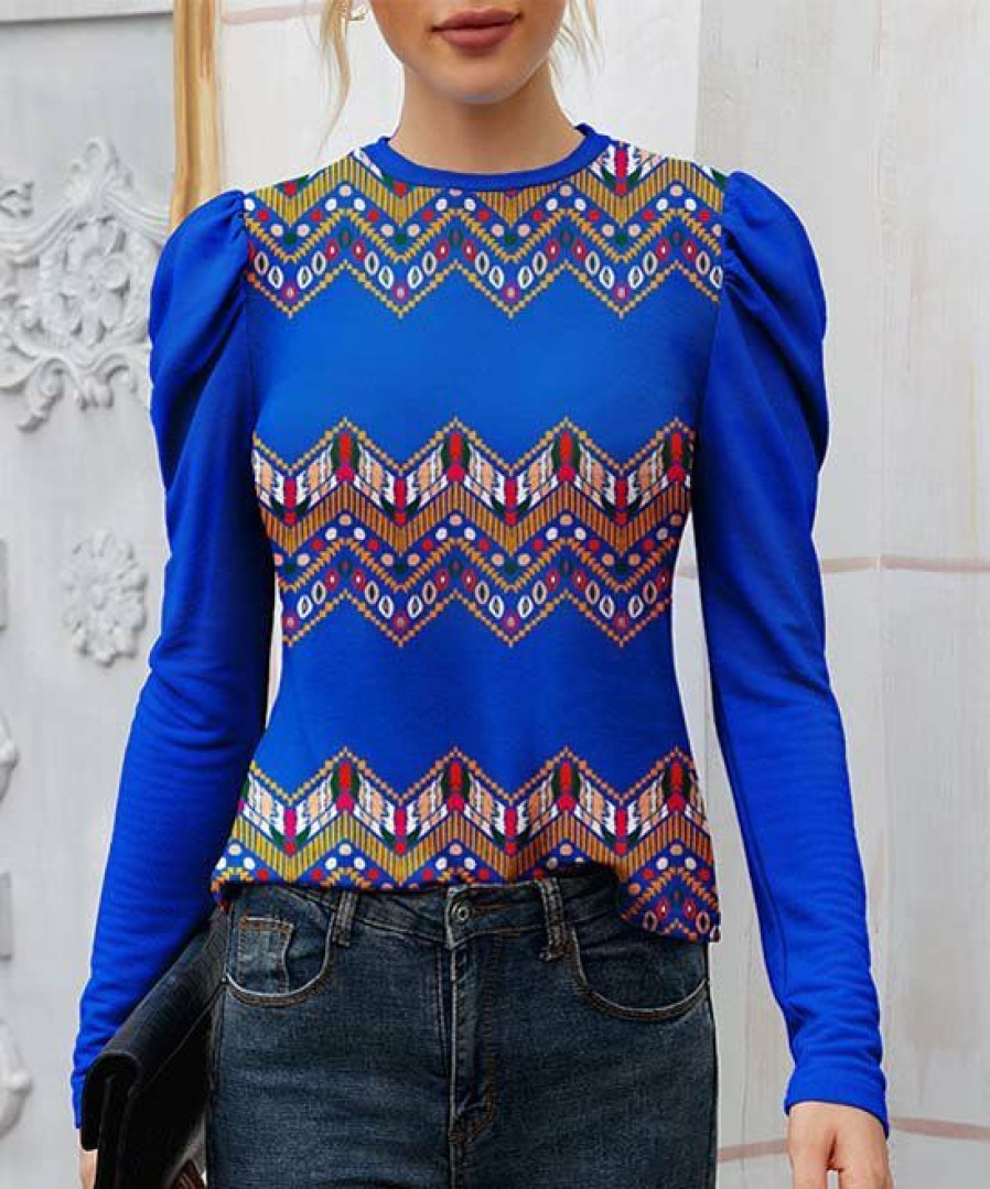 Womens Plus * | Buy Izuria Blue & Orange Geometric Mutton-Sleeve Crewneck Top Women