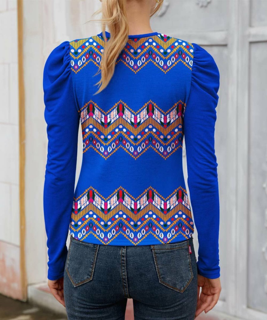 Womens Plus * | Buy Izuria Blue & Orange Geometric Mutton-Sleeve Crewneck Top Women