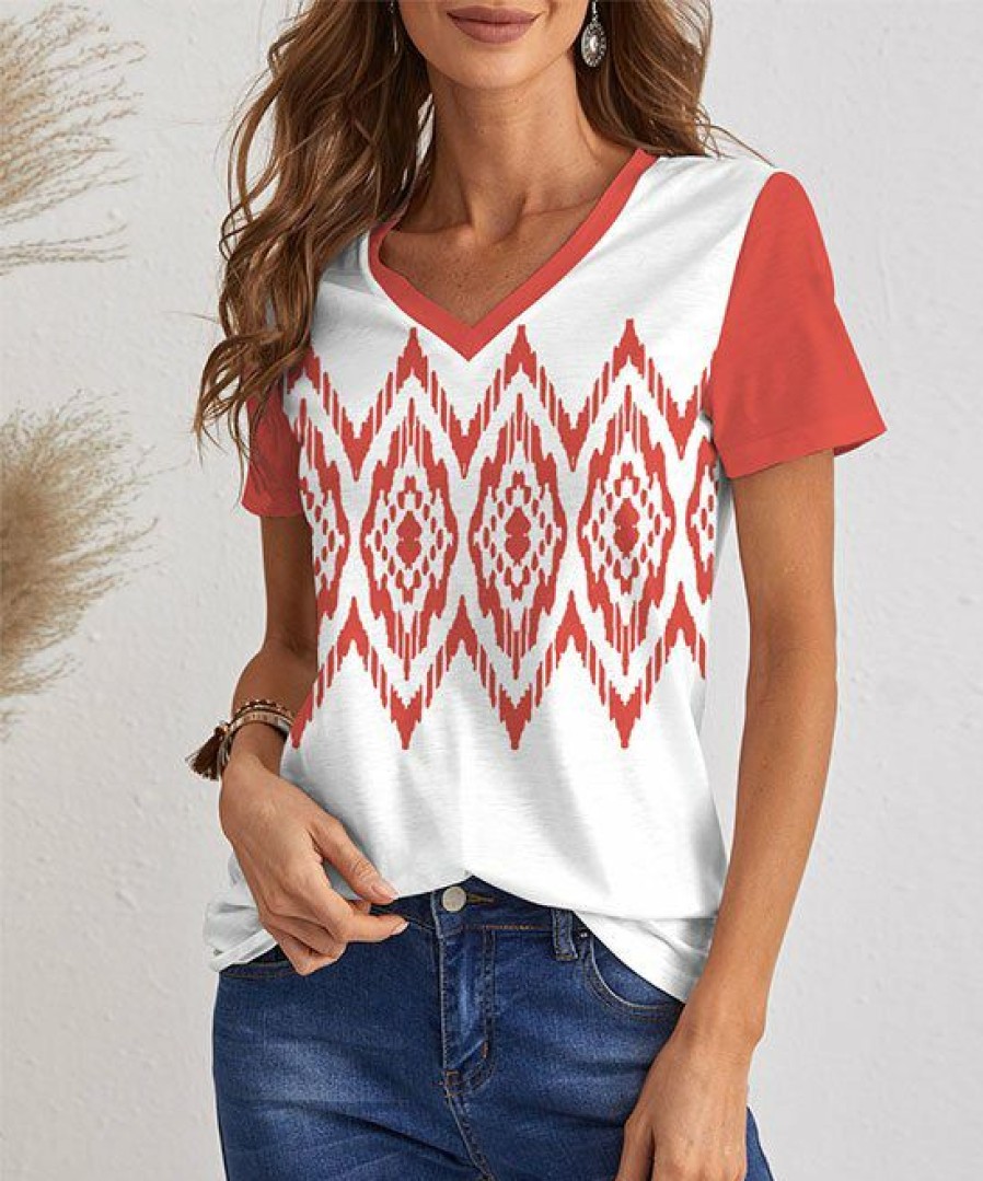 Womens Plus * | New Izuria White & Orange Red Geometric Short-Sleeve V-Neck Top Plus