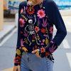 Women * | Best Deal Izuria Navy & Pink Skeleton Floral Raglan Contrast-Cuff Long-Sleeve Top Women & Plus