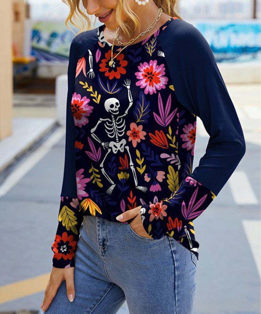 Women * | Best Deal Izuria Navy & Pink Skeleton Floral Raglan Contrast-Cuff Long-Sleeve Top Women & Plus