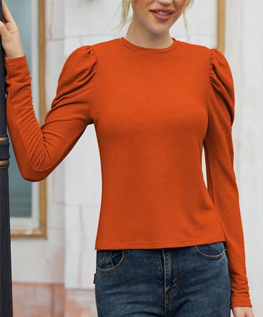 Women * | Budget Izuria Orange Puff-Sleeve Top Plus