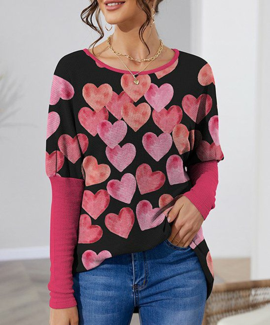 Women * | Wholesale Izuria Black & Fuchsia Heart Waffle-Knit Balloon-Sleeve Tunic Plus