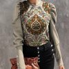 Womens Plus * | Best Deal Izuria Apricot & Brown Arabesque Button-Accent Mutton-Sleeve Top Women & Plus