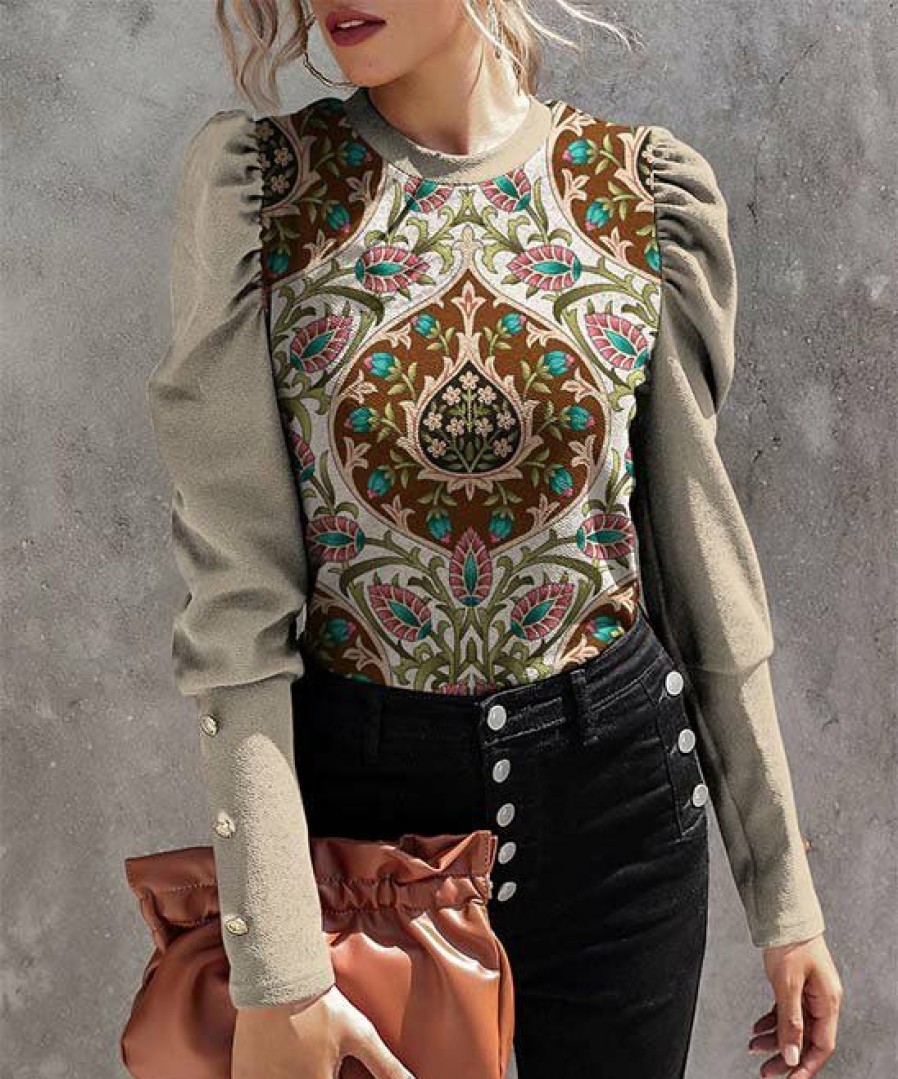 Womens Plus * | Best Deal Izuria Apricot & Brown Arabesque Button-Accent Mutton-Sleeve Top Women & Plus