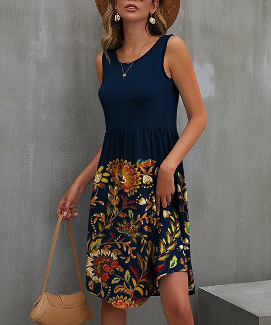 Women * | New Izuria Navy & Yellow Floral Sleeveless Empire-Waist Dress Women