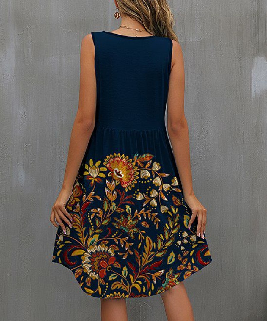 Women * | New Izuria Navy & Yellow Floral Sleeveless Empire-Waist Dress Women