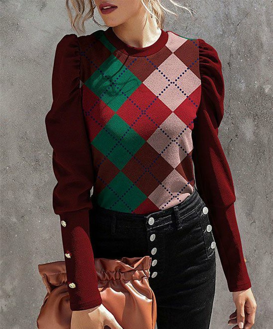 Women * | Hot Sale Izuria Red & Pink Geometric Button-Accent Puff-Sleeve Top Women