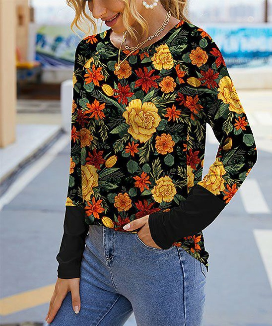 Women * | Top 10 Izuria Black & Yellow Floral Long-Sleeve Curved-Hem Crewneck Top Women & Plus