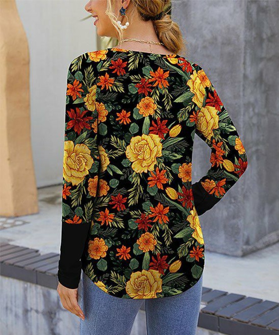 Women * | Top 10 Izuria Black & Yellow Floral Long-Sleeve Curved-Hem Crewneck Top Women & Plus