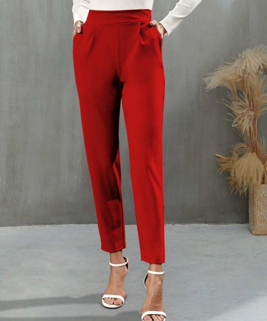 Women * | Buy Izuria Red Pleated Elastic-Waist Pocket Crop Pants Women