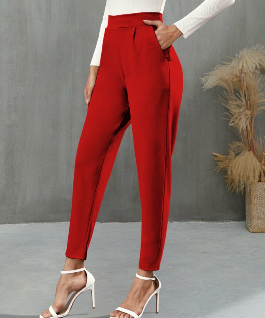 Women * | Buy Izuria Red Pleated Elastic-Waist Pocket Crop Pants Women