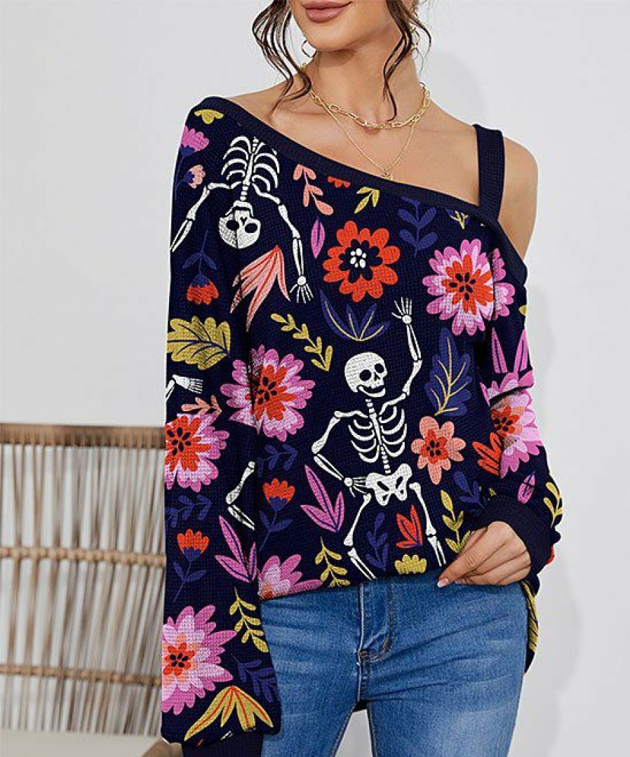 Womens Plus * | Coupon Izuria Navy & Pink Floral Skeleton One-Shoulder Lantern-Sleeve Tunic Women