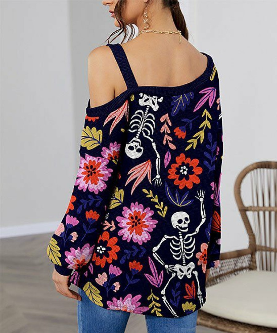 Womens Plus * | Coupon Izuria Navy & Pink Floral Skeleton One-Shoulder Lantern-Sleeve Tunic Women