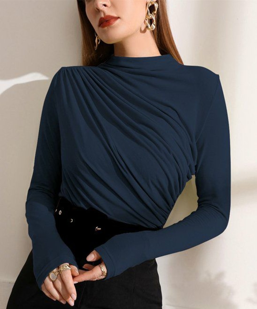 Women * | Wholesale Izuria Navy Ruched-Front Long-Sleeve Mock Neck Top Women & Plus