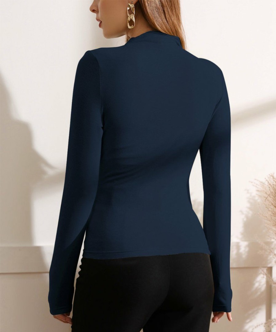 Women * | Wholesale Izuria Navy Ruched-Front Long-Sleeve Mock Neck Top Women & Plus