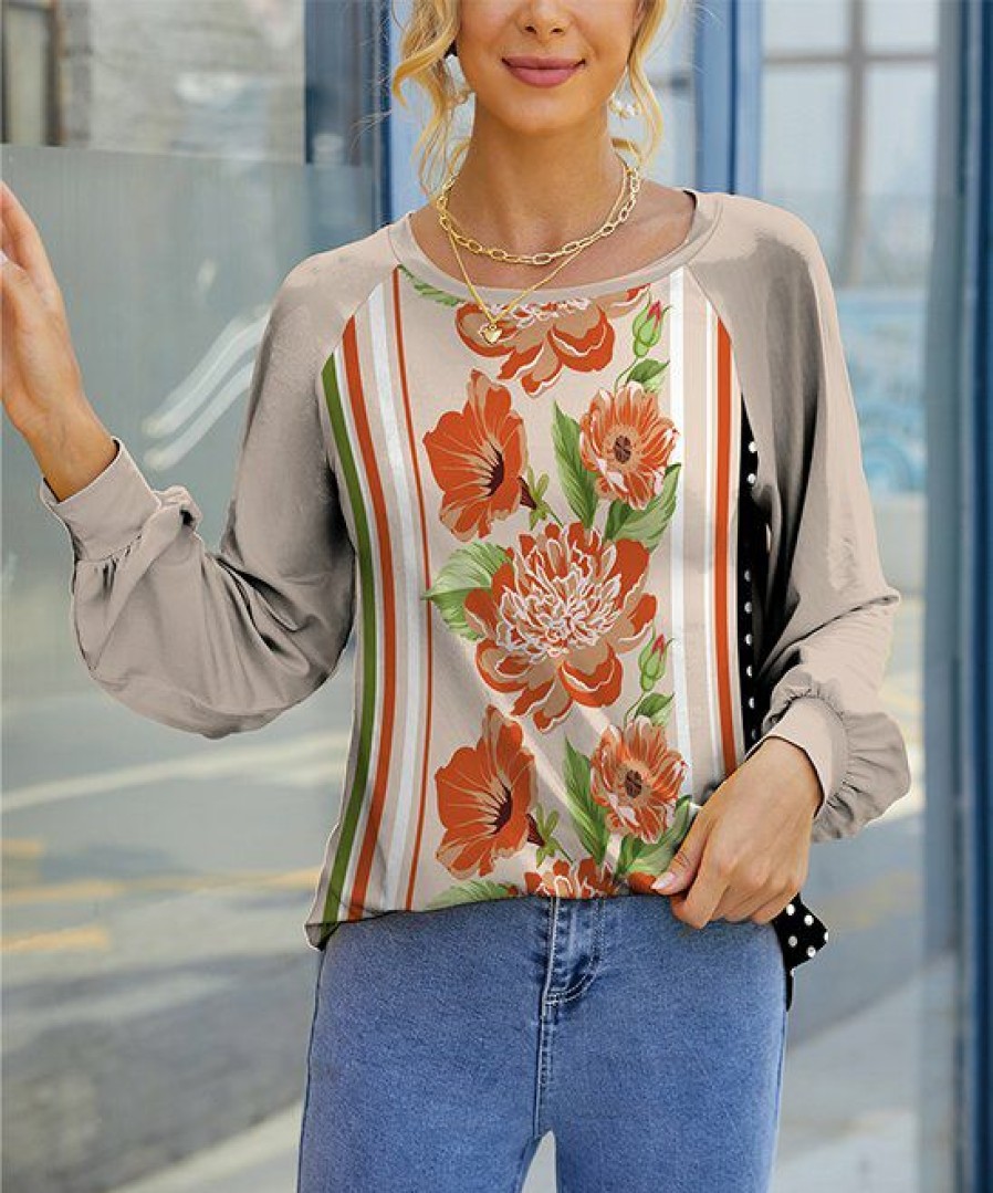 Womens Plus * | Deals Izuria Apricot & Orange Floral Bishop-Sleeve Raglan Top Plus