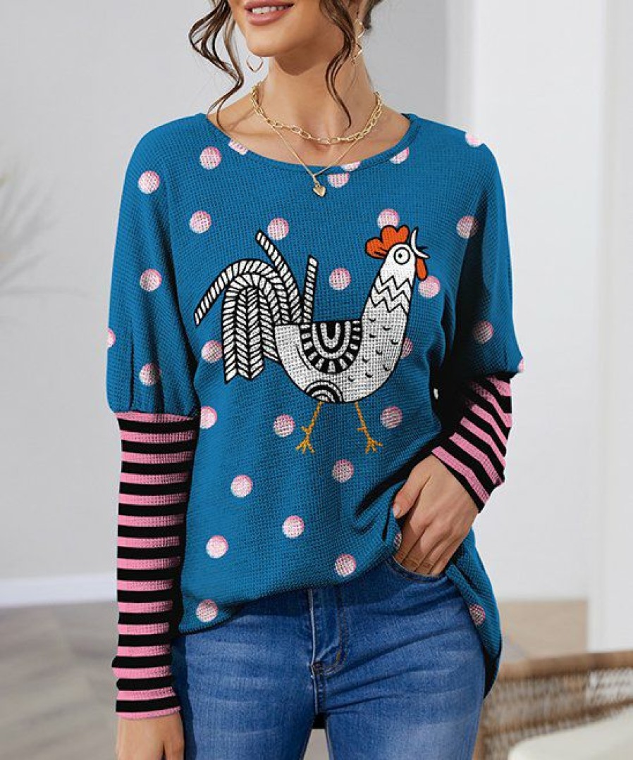 Womens Plus * | Buy Izuria Blue & Pink Stripe Rooster Waffle-Knit Balloon-Sleeve Tunic Women