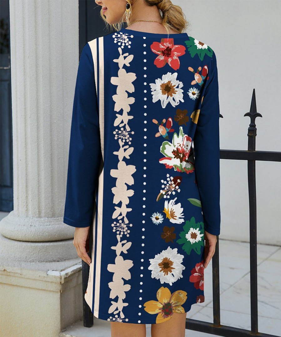 Women * | Coupon Izuria Blue & White Floral Long-Sleeve Shift Dress Plus