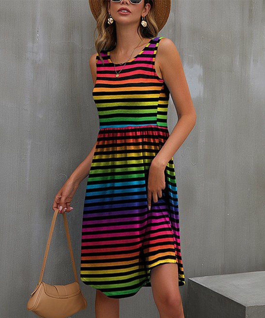 Women * | Cheap Izuria Black Rainbow Stripe Sleeveless Empire-Waist Dress Women & Plus