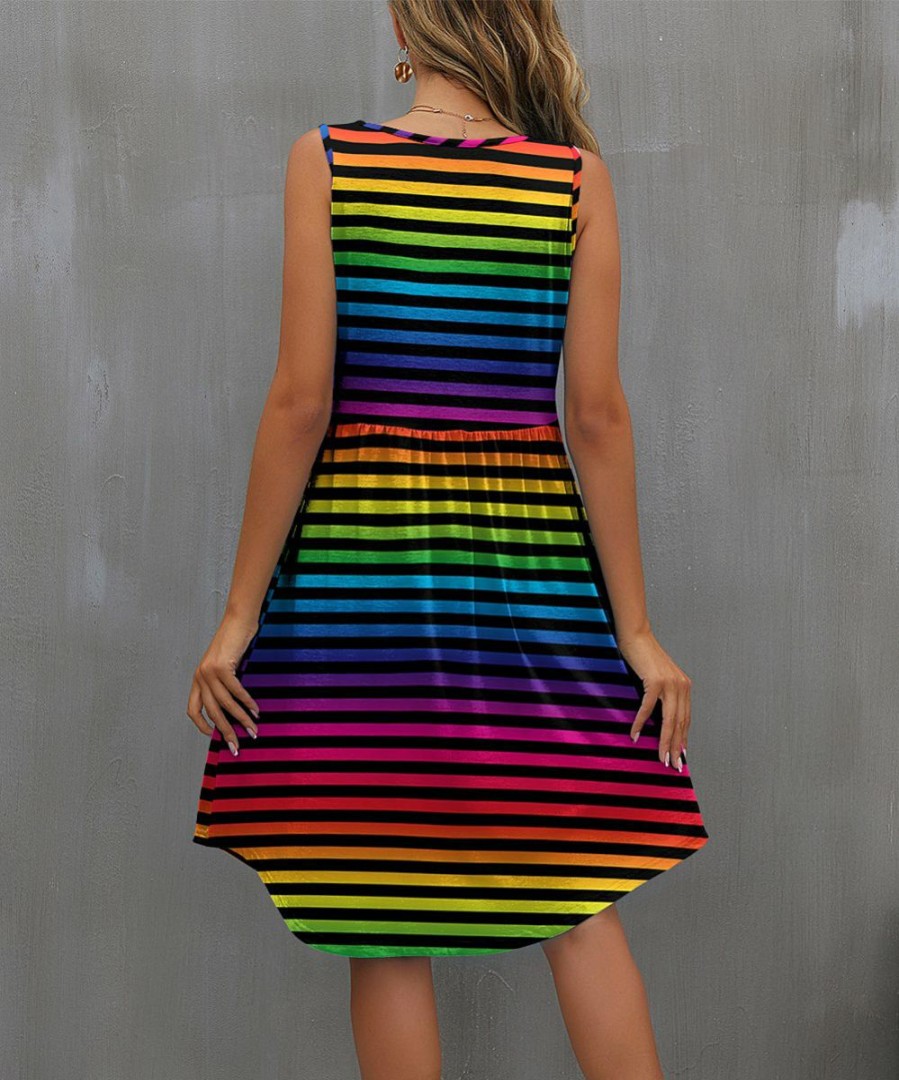 Women * | Cheap Izuria Black Rainbow Stripe Sleeveless Empire-Waist Dress Women & Plus