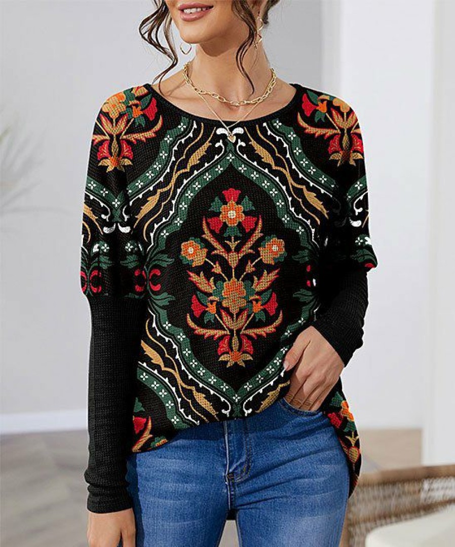 Women * | Best Deal Izuria Black & Red Classic Floral Contrast Bishop-Sleeve Tunic Plus