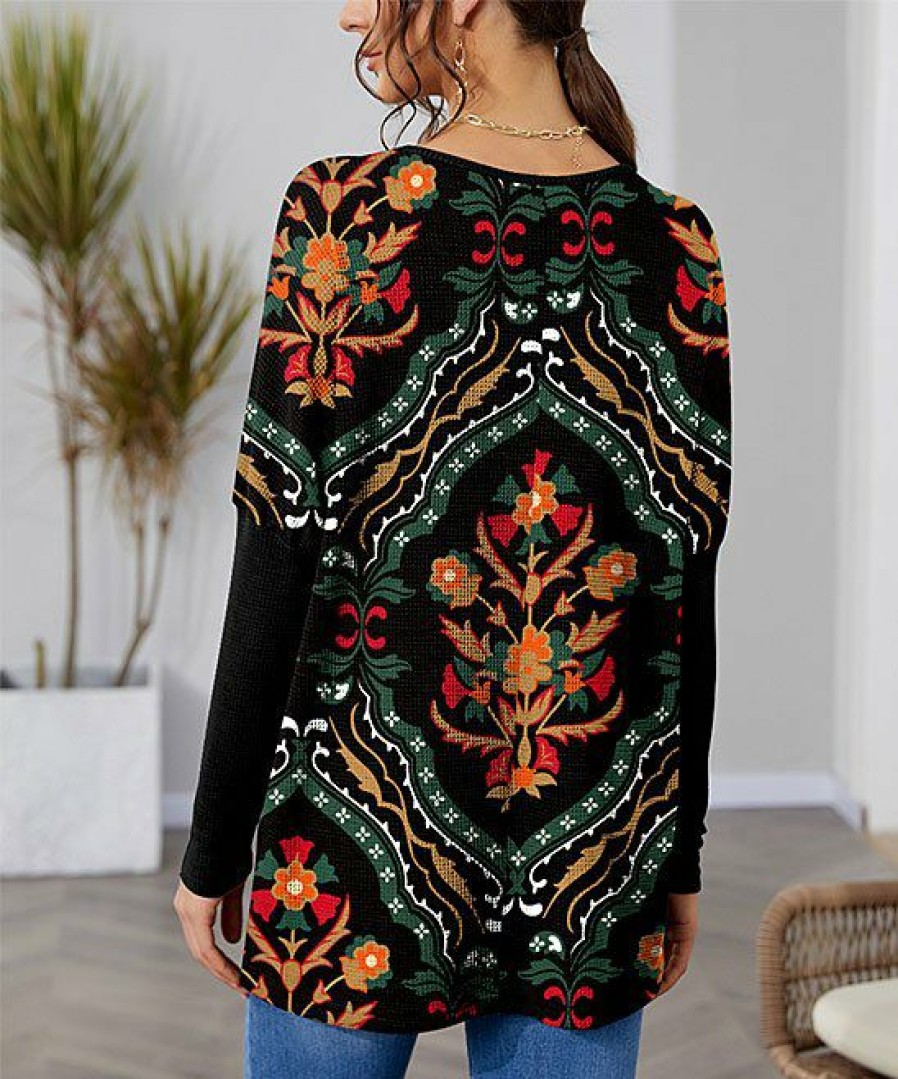 Women * | Best Deal Izuria Black & Red Classic Floral Contrast Bishop-Sleeve Tunic Plus