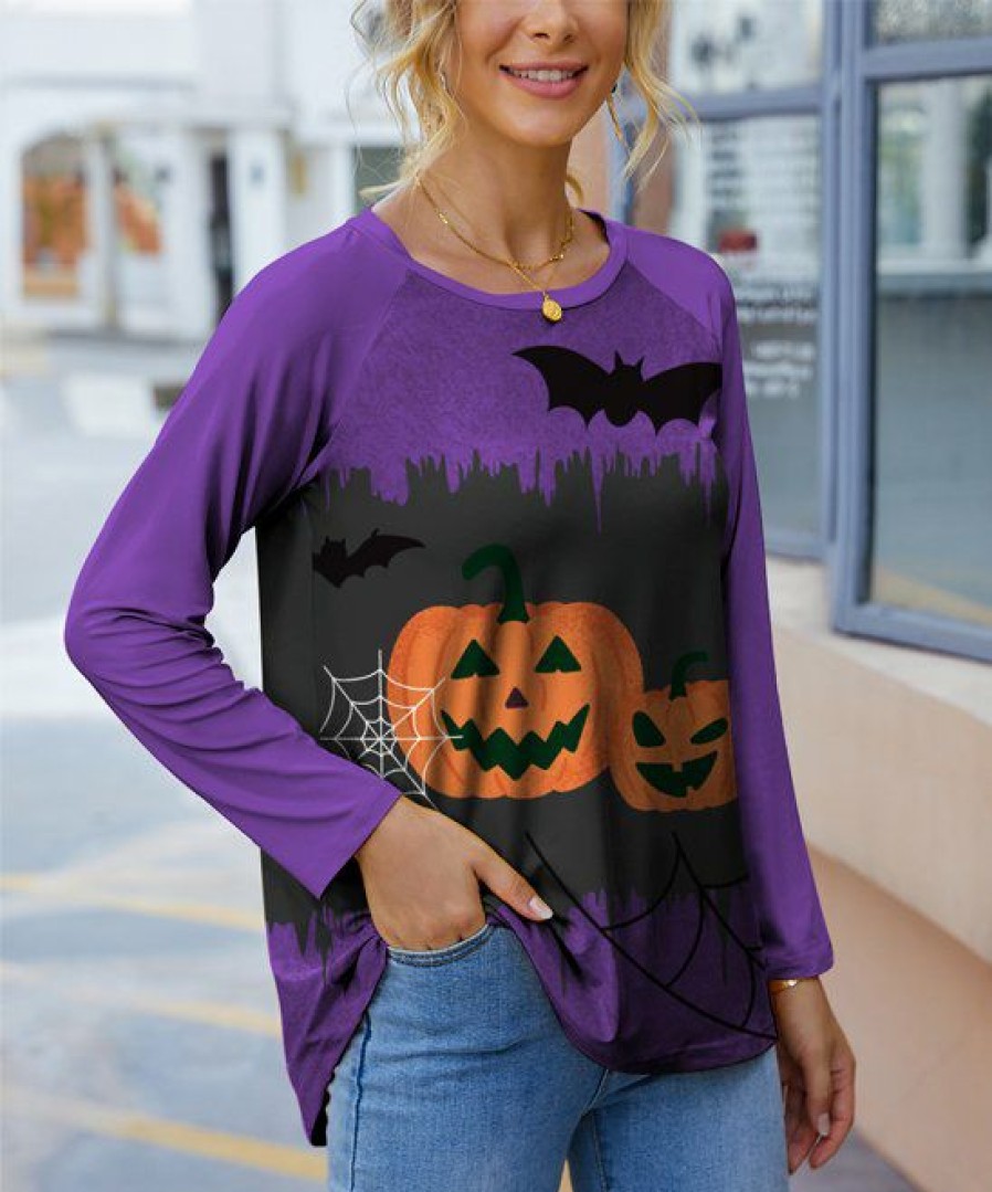 Womens Plus * | Cheapest Izuria Purple & Black Jack-O'-Lantern Crewneck Raglan Top Women & Plus