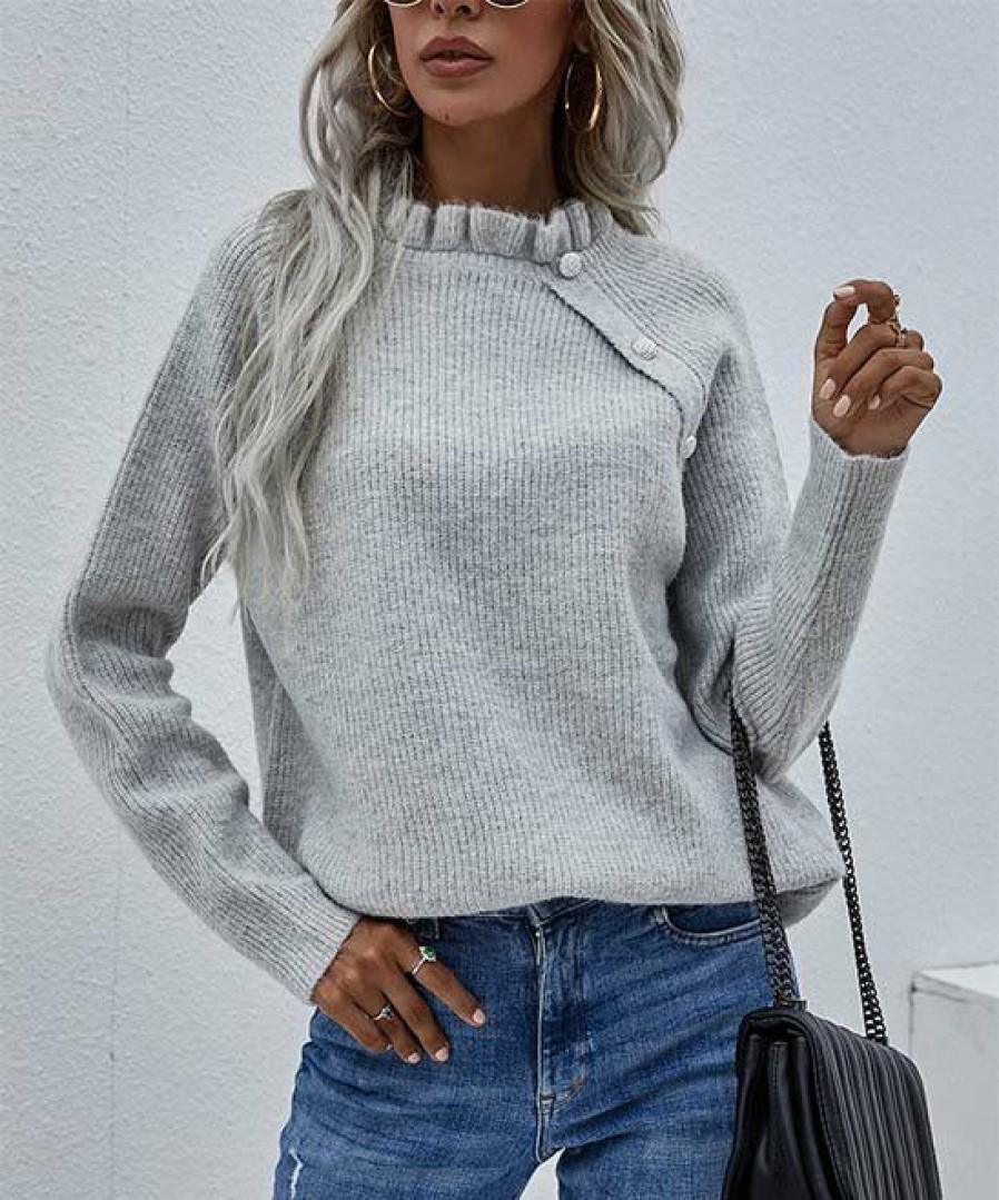 Women * | Coupon Izuria Gray Ruffle-Neck Button-Accent Long-Sleeve Sweater Women