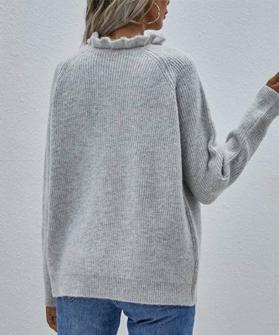 Women * | Coupon Izuria Gray Ruffle-Neck Button-Accent Long-Sleeve Sweater Women