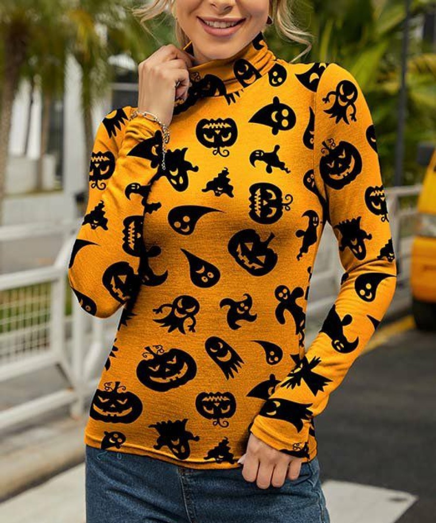 Womens Plus * | Discount Izuria Orange & Black Pumpkins & Ghosts Long-Sleeve Turtleneck Women