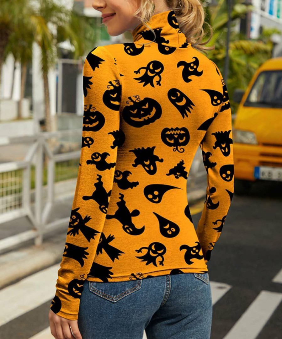 Womens Plus * | Discount Izuria Orange & Black Pumpkins & Ghosts Long-Sleeve Turtleneck Women