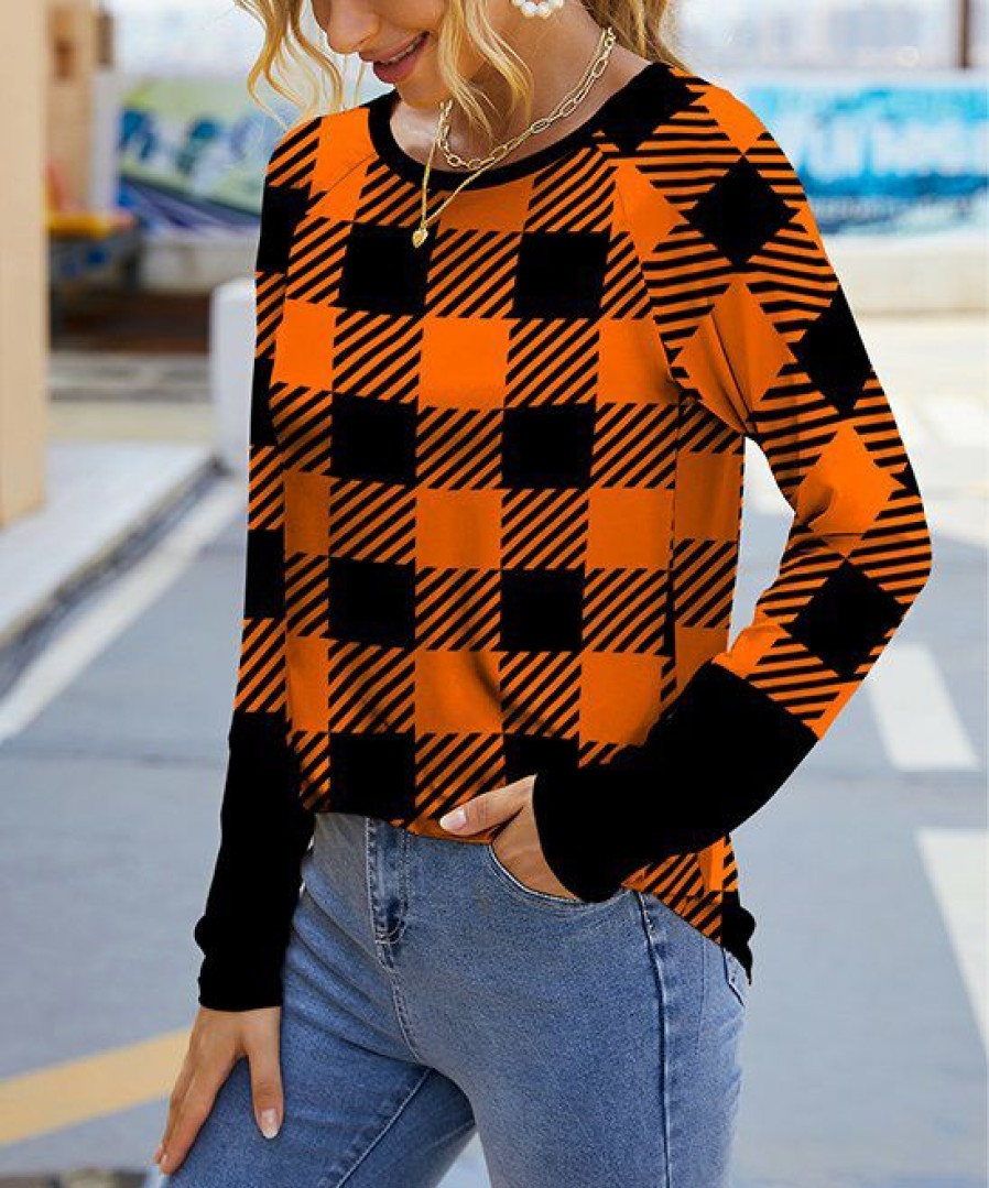 Other * | Best Pirce Izuria Orange & Black Buffalo Plaid Raglan Contrast-Cuff Long-Sleeve Top Women