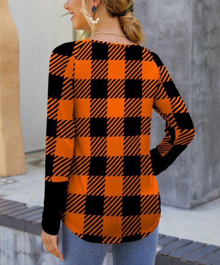 Other * | Best Pirce Izuria Orange & Black Buffalo Plaid Raglan Contrast-Cuff Long-Sleeve Top Women