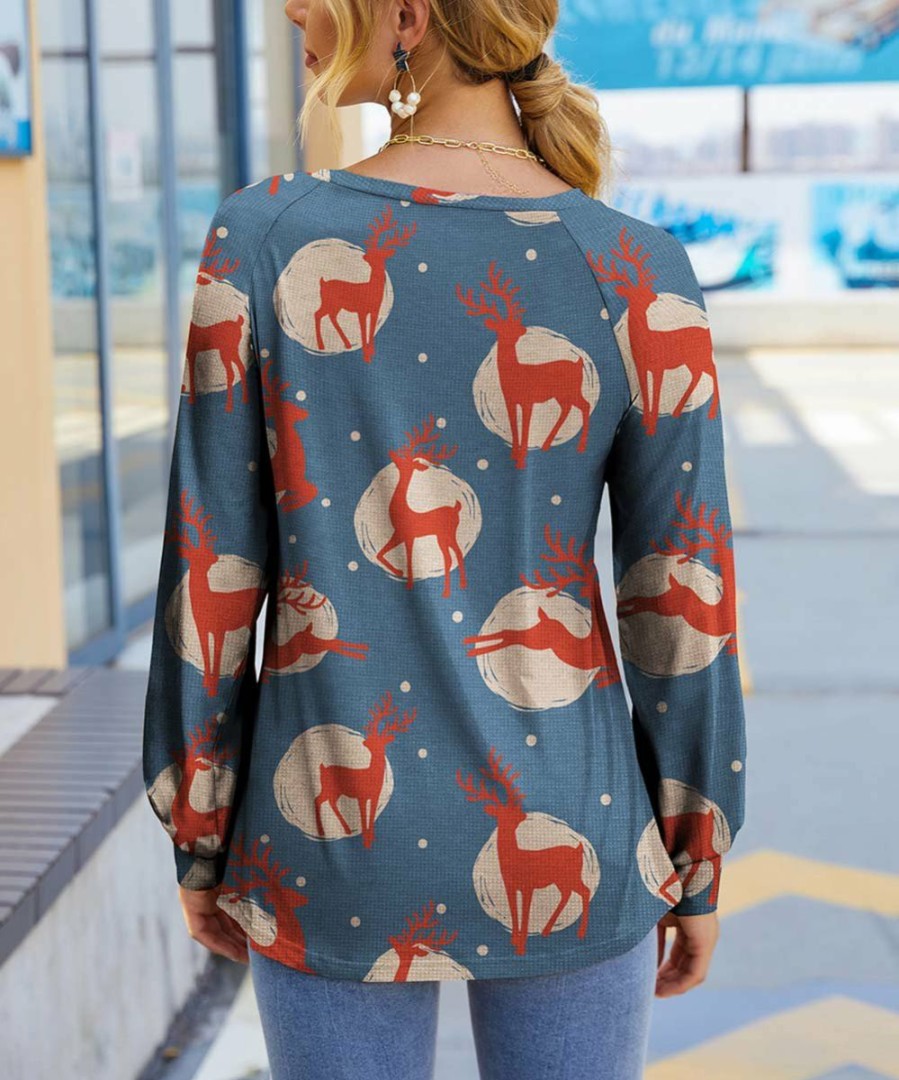 Women * | Wholesale Izuria Slate Blue & Red Reindeer Puff-Sleeve Tunic Plus