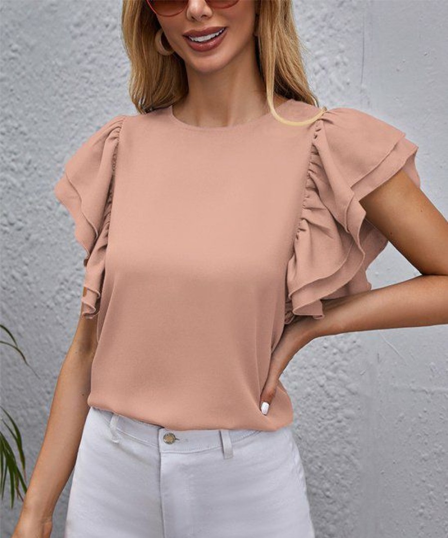 Womens Plus * | Best Sale Izuria Pink Ruffle Flutter-Sleeve Crewneck Top Women