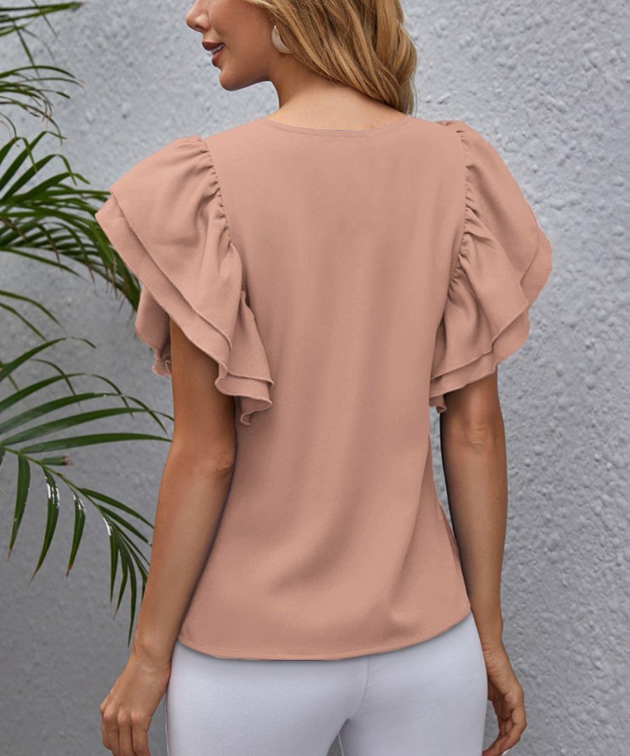 Womens Plus * | Best Sale Izuria Pink Ruffle Flutter-Sleeve Crewneck Top Women