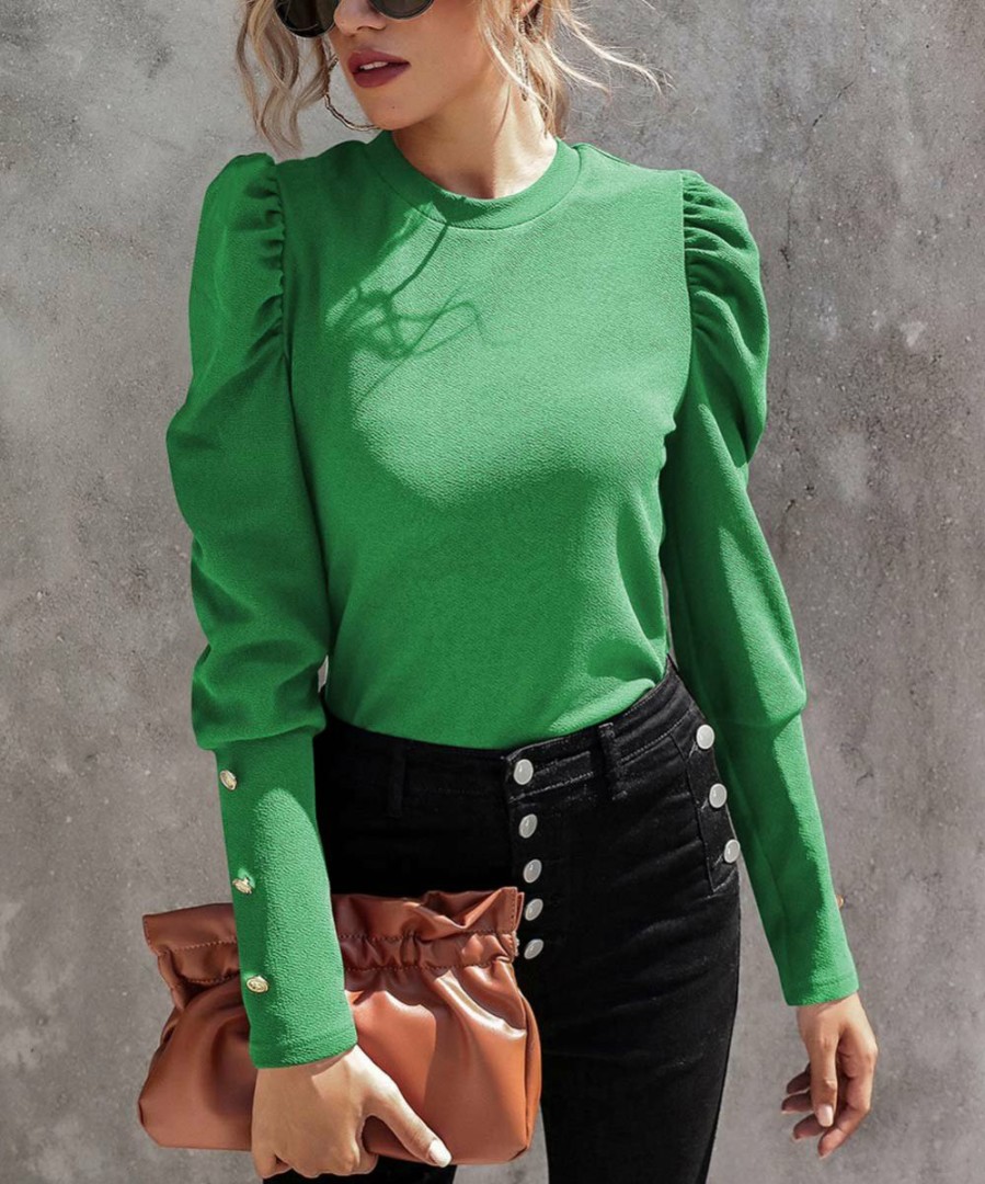 Womens Plus * | Coupon Izuria Green Button-Accent Puff-Sleeve Top Women