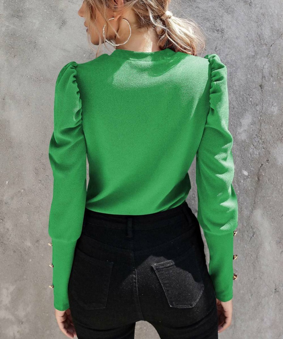 Womens Plus * | Coupon Izuria Green Button-Accent Puff-Sleeve Top Women