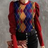 Women * | Top 10 Izuria Red & Blue Geometric Button-Accent Mutton-Sleeve Top Women