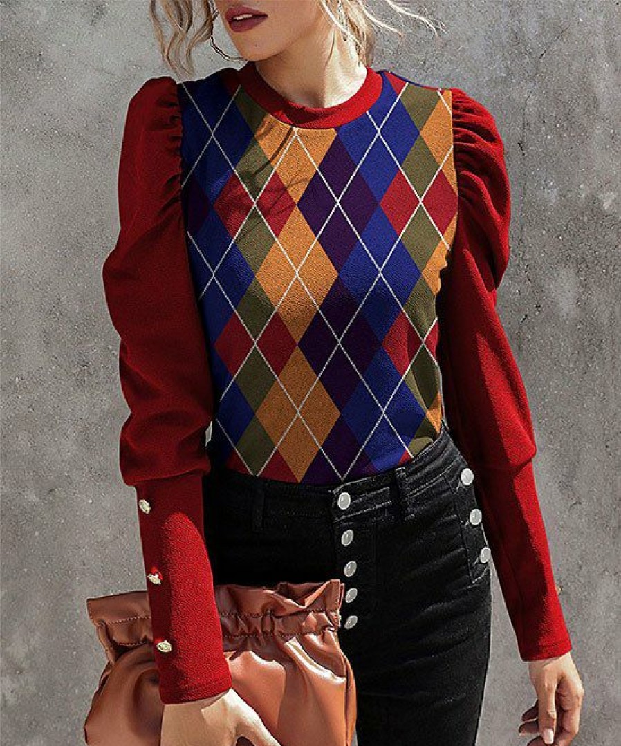 Women * | Top 10 Izuria Red & Blue Geometric Button-Accent Mutton-Sleeve Top Women