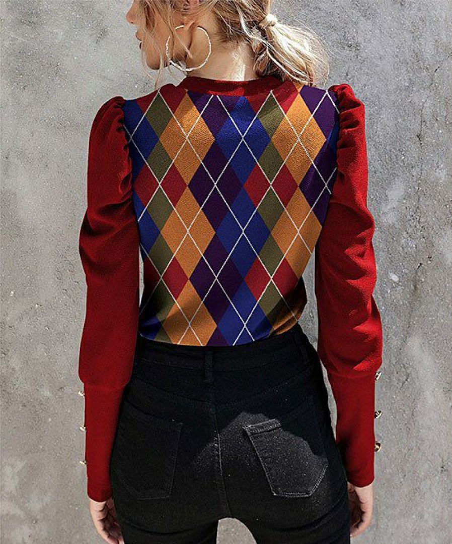 Women * | Top 10 Izuria Red & Blue Geometric Button-Accent Mutton-Sleeve Top Women