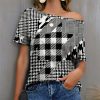 Womens Plus * | Wholesale Izuria Black & White Houndstooth Plaid Boatneck Tee Women